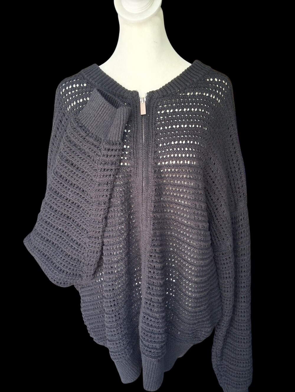 Sanctuary Black Open-Knit Zip Front Cardigan Sweater 1X
